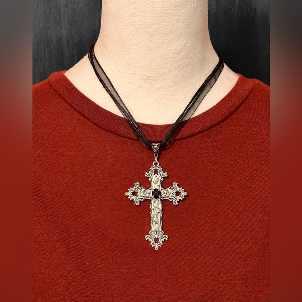 Gothic Cross Necklace Statement Floral Cross Pendant on a Black Ribbon Necklace.